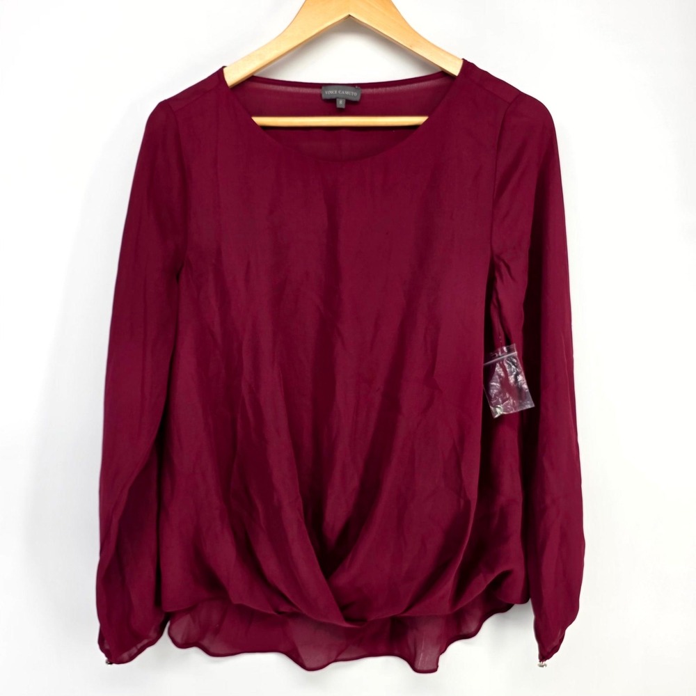 Vince Camuto Blouse Womens S Burgundy Draped Wrap Front Long Sleeve High Low Top